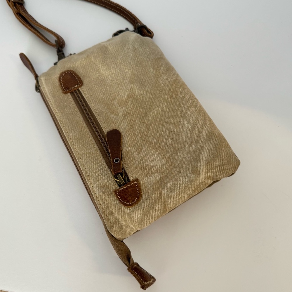 Myra Crossbody Bag Stamp Pocket Upcycled Canvas Country Cowhide Small Purse - Picture 6 of 15